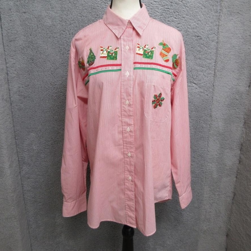 Gepetto Christmas Shirt Womens Large Red Stripe Embroidered Holiday Top